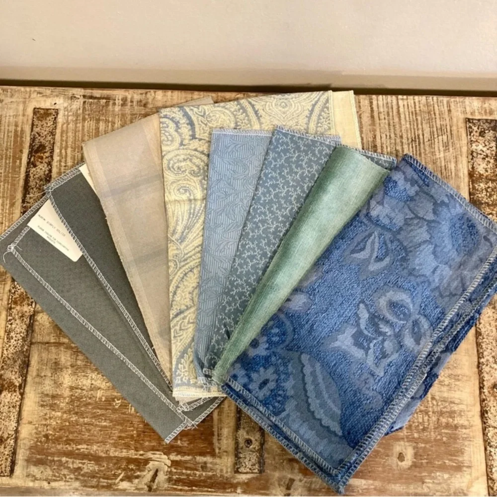 8pcs Fabric Samples Lot - Rustic Blues and Greys Paisley Damask Solid